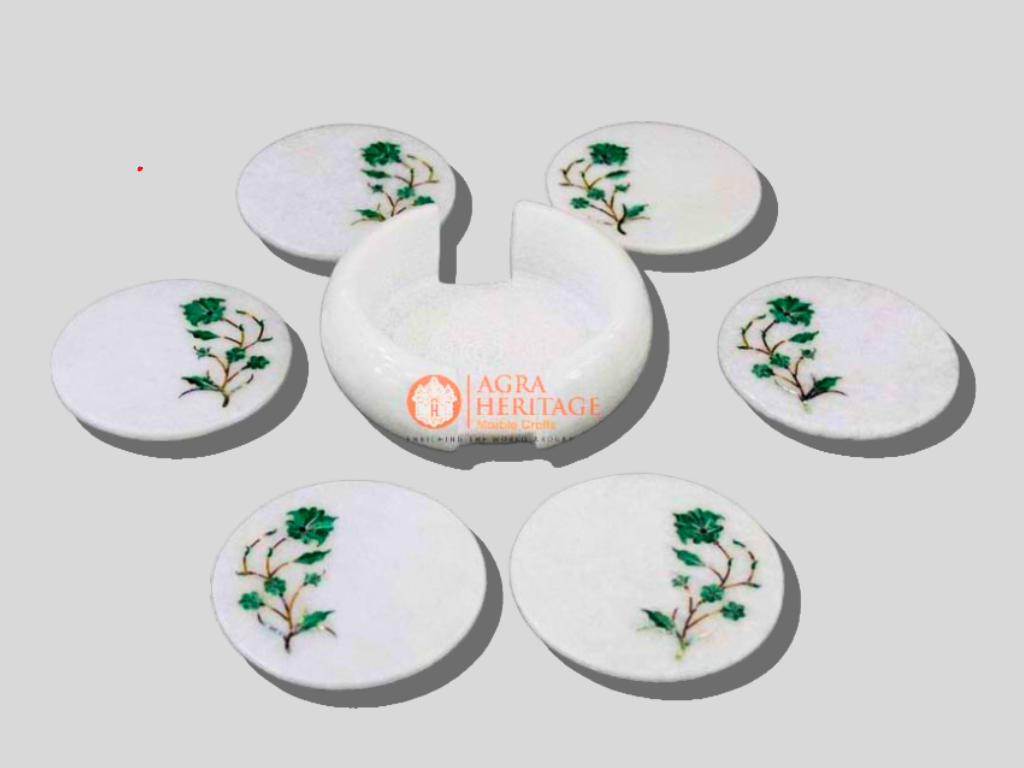 Marble Coaster Set Malachite Inlay Floral Arts